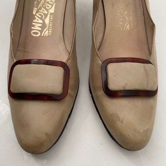 VINTAGE Ferragamo Tan Brown Leather Buckle Pumps Heels Shoes 7 - Picture 10 of 15